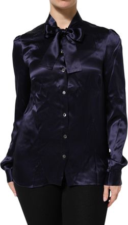 Dolce & Gabbana Dark Purple Silk Ascot Collared Blouse Womens Top (Pre-Owned)
