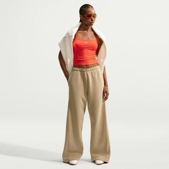 Nike Womens Studio Fleece Medium Weight Loose Pleated Snap Pants in Brown | IU1111-297