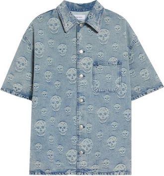 Alexander McQueen Skull Print Short Sleeve Denim Button-Up Shirt in Sapphire at Nordstrom, Size 42 Us