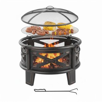 Relaxdays Braciere Relaxdays, &Oslash; 66 cm, con griglia, parascintille e attizzatoio, focolare da giardino, nero/bronzo