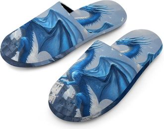 Generic Dragon Stand On Castles Mens Slippers Flannel Warm House Shoes with Rubber Anti-Slip Sole Slip On for Home Outdoor