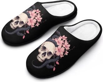 Generic Skull with Snake Flower Womens Cotton Slipper Comfortable Cozy Plush Slippers Anti-Skid Indoor House Closed Toe Shoes