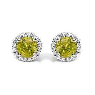House of Brilliance 10K Gold Gemstone and 1/6 Cttw Diamond Halo Stud Earring in White | Green Peridot at Nordstrom