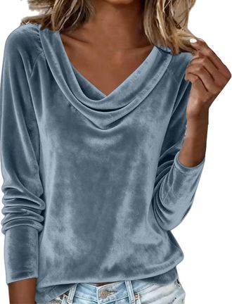 Generic Velvet Tops for Women Elegant Cowl Neck Pleated Blouse Dressy Casual Going Out Puff Long Sleeve Tops Autumn Clothes (Z06-Silver, M)
