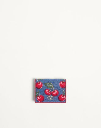 Valentino Garavani Portafoglio VLogo Signature In Denim Con Ricamo Cherryfic Donna DENIM/MULTICOLOR UNI