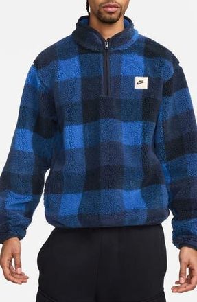 Nike Club Plaid Therma-FIT Fleece Half Zip Pullover in Dark Obsidian/Game Royal at Nordstrom Rack, Size Medium