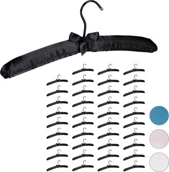 Relaxdays Pack De 40 Perchas Forradas De Raso Con Lazo Decorativo, Madera-tela-metal, 38 Cm De Ancho, Negro