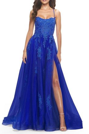 La Femme A-line Tulle Gown with Floral Embroidery and Pockets in Royal Blue at Nordstrom, Size 2