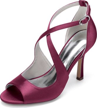 Generic Wedding Bridal Shoes Women Pumps Peep Satin Open Toe Strap Stiletto High Heel Dress Shoes Pumps Office Party Wedding9.5Cm,Burgundy,10 UK