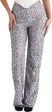 House of CB Mara Floral Lace Straight Leg Trousers in Silver at Nordstrom, Size X-Small