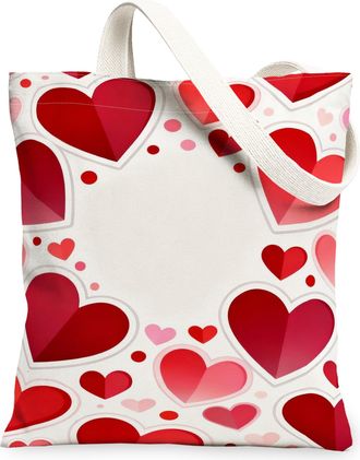 Generic ValentineS Day Hearts Canvas Tote Bags, Romantic Love Pattern Reusable Shopping Bags, Lightweight Washable Shoulder Strap, Red, 13x15 Inch
