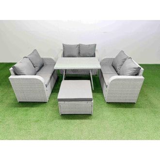 Fimous Fimous Rattan Garden Furniture Dining Set 7-seater Patio Rectangular Table Love Sofa Set with Big Stool