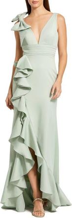 Mac Duggal Womens Crepe Sleeveless Ruffled V-Neck Gown With Bow in Sage at Nordstrom, Size 10
