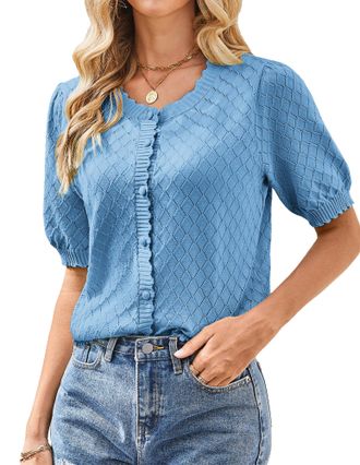 Grace Karin Womens Puff Short Sleeve Cardigan Tops 2025 Summer Lightweight Crew Neck Button Down Knit Sweater Blouses, Sky Blue, XL