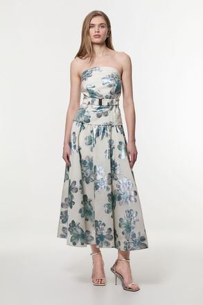 Karen Millen Womens Tall Diamante Trim Bodice Detail Metallic Jacquard Prom Dress - Blue - Size 12 UK