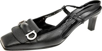 Ferragamo Black Saffiano Leather Buckle Detail Slingback Sandals