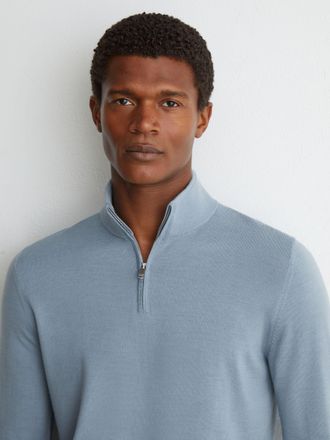 Reiss Mens Armour Blue Merino Wool Half-zip Funnel-neck Jumper, L