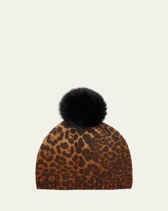 Sofiacashmere Leopard Print Cashmere & Faux Fur Pom Beanie