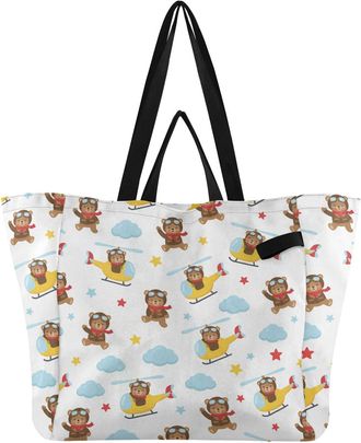 Generic Bears Helicopters White print Reusable Canvas Tote Bag, Heavy Duty Grocery Shopping Bag with Double Handles Large Capacity Hard Bottom Work Groceries 