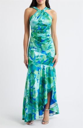 Eliza J Twist Neck Satin Maxi Dress in Turquoise Green at Nordstrom, Size 14