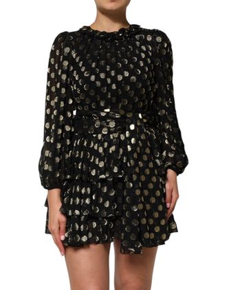 Dolce & Gabbana Womens Black Gold Polka Dot Silk Brocade Mini Dress With Fiber Metallization