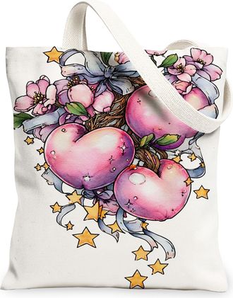 Generic Heart Floral Canvas Tote Bags, Artistic Blossom Pattern Reusable Grocery Bags, Spring Vintage Lightweight Washable Shoulder, White, 13x15 Inch