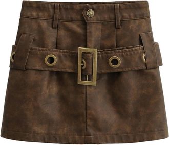 Generic Skirt Womens Color-Washed high-Waisted A-line Hip-Hugging Short Skirt-Khaki-M