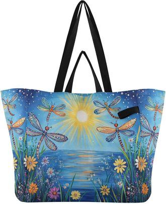 Generic Dragonfly Yellow Flowers print Reusable Canvas Tote Bag, Heavy Duty Grocery Shopping Bag with Large Capacity Double Handles Hard Bottom Work Groceries