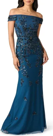 Adrianna Papell Beaded Off the Shoulder Crepe Mermaid Gown in Deep Blue at Nordstrom, Size 14