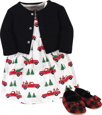 Hudson Baby Cotton Dress, Cardigan and Shoe Set in Christmas Tree at Nordstrom, Size 12-18M