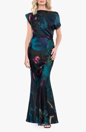 Betsy & Adam Floral Print Satin Gown in Teal/multi at Nordstrom, Size 8