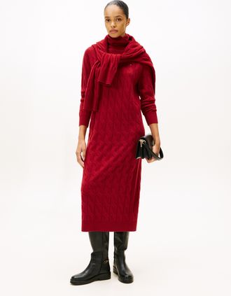 Tommy Hilfiger Strickkleid TOMMY HILFIGER SOFT WOOL CABLE ROLL-NK LS DRESS, Damen, Gr. XXL (44), N-Gr, regatta rot, Strick, Obermaterial: 100% Wolle, unifarben, ca. 