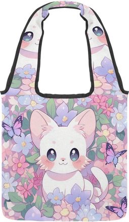 Generic Cute Cartoon Kitten Reversible Canvas Shoulder Tote - Double-Sided Print, 12oz Cotton, 27cm Drop, Fold-Flat Bag for Travel, Shopping, Street Outings