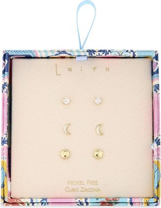 Leith 3-Pack Assorted CZ Celestial Stud Earrings in Clear- Gold at Nordstrom Rack