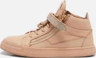Giuseppe Zanotti Beige Leather Crystal Embellished Coby High Top Sneakers