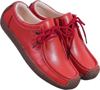 Generic Womens Leather lace-up Loafers and Non-Slip Moccasins, Fashionable Flat Slip-on Business Formal Work Walking Shoes,Bright red,7.5 UK