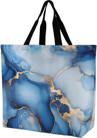 Generic Blue Gold And White Marble Reusable Shopping Bags One Shoulder Grocery Tote Bag Waterproof Big Purse for Work Travel