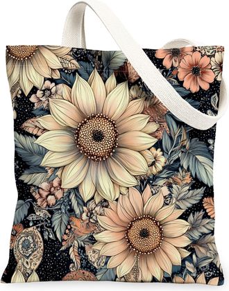 Generic Spring Aesthetic Sunflower Canvas Tote Bag for Shopping 13x15, Retro Flower Garden Reusable Grocery Print Pattern Bag for Women Men, Floral Wildflower