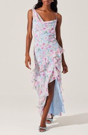 ASTR the Label Levina Asymmetric Ruffle Chiffon Maxi Dress in Blue Floral at Nordstrom Rack, Size Large