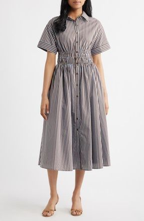 En Saison Stripe Short Sleeve Cotton Blend Midi Shirtdress in Brown Blue at Nordstrom, Size X-Small