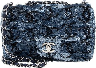 Chanel Black, Blue, Grey Leather & Sequin CC Rectangular Mini Flap Bag (Authentic Pre-Loved)