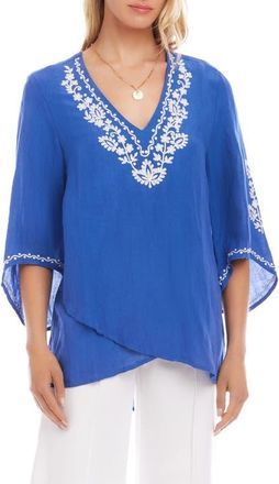 Karen Kane Embroidered Asymmetric Hem Linen Blend Top in Blue at Nordstrom, Size X-Small