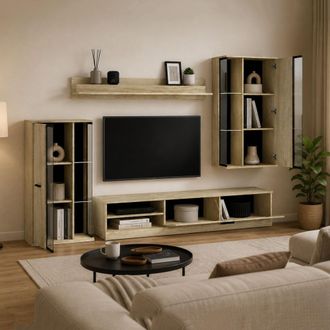 Dmora Parete Equipada Limose, Mueble De Sala Modular, 9 Estantes, 16 Compartimentos, Marr&oacute;n Roble