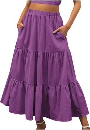 Generic Boho Skirts For Women Uk Plus Size | Linen Skirt Purple Long Skirts Loose Midi Skirts Elastic Waist A Line Skirt Elegant Flowy Skirt Classic Pleated S