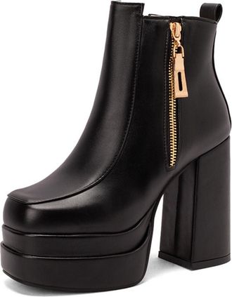 Generic Womens Ankle Platform Block Heel Boots Square Toe Faux Leather Side Zipper Slip On Bold Color Sleek Style Comfortable For Daily Casual,Black,6.5 UK