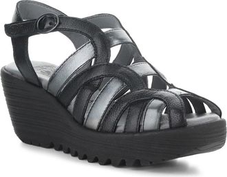 FLY London Lemy Platform Wedge Sandal in Black/Graph at Nordstrom, Size 10-10.5Us
