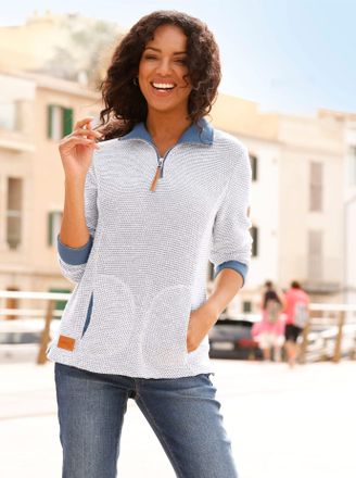 Casual Looks Sweatshirt CASUAL LOOKS, Damen, Gr. 36, blau (steingrau, rauchblau), 60% Polyester, 40% Baumwolle, gemustert, mehrfarbig, Sweatshirts Sweatshirt