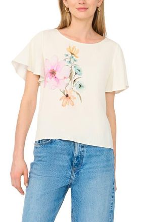 Vince Camuto Placed Floral Flutter Sleeve Top in Antiq White at Nordstrom, Size X-Large