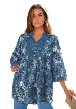Roaman's Plus Size Juliet Lace Trim Button-Down Shirt in Blue Butterfly Blooms at Nordstrom, Size 40