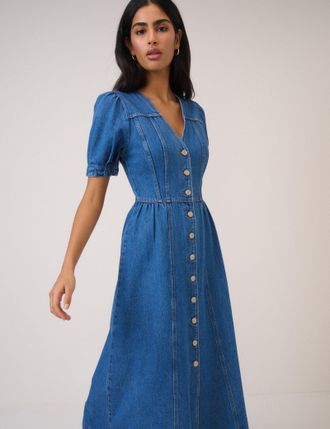 Nobody's Child Blue Denim Puff Sleeve Sienna Midi Dress